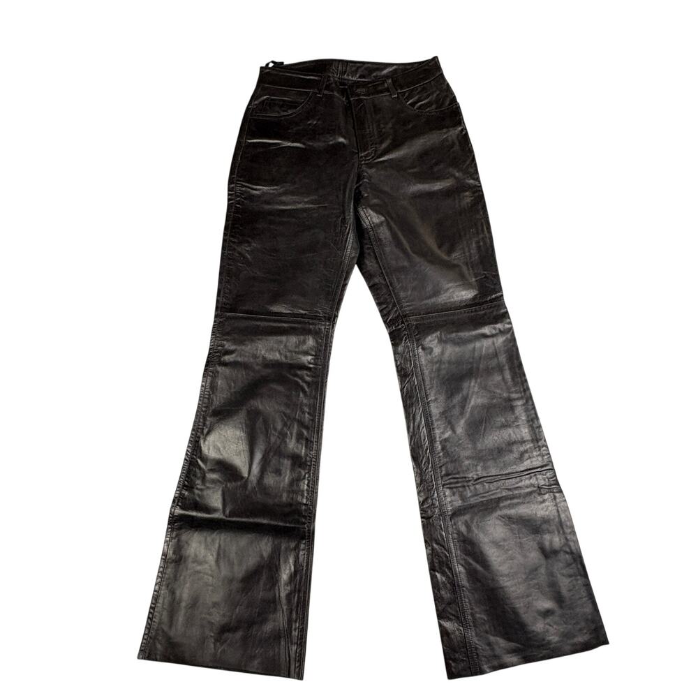Express Genuine Leather Pants 5/6 Black Bootcut Flare Y2K Moto Biker Vintage